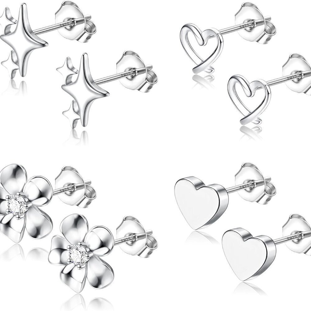 Sterling Silver Stud Earrings for Women Hypoallergenic Gift Set 4 Styles